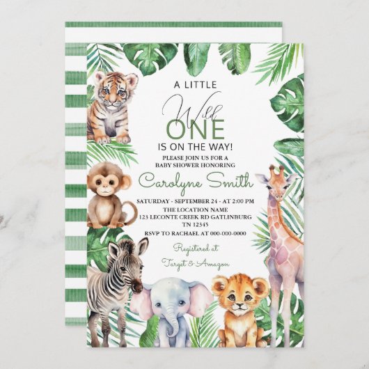 Invitation Jungle Safari Animaux Baby shower verdoyant (Devant / Derrière)