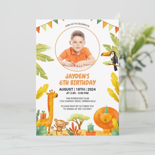 Invitation Jungle Safari Animaux Fête d'anniversaire (Debout devant)