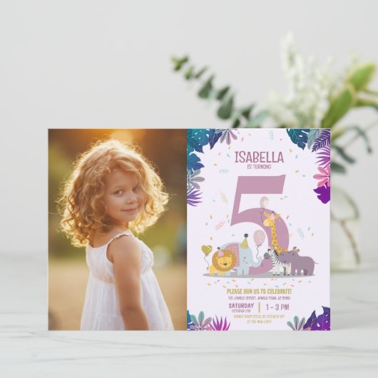 Invitation Jungle Safari Animaux Fille Photo Anniversaire (Debout devant)