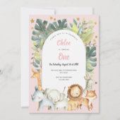 Invitation Jungle Safari Animaux Fille premier anniversaire (Devant)