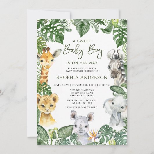 Invitation Jungle Safari Animaux garçon Baby shower Invitatio (Devant)