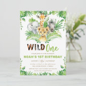 Invitation Jungle Safari Animaux Verdure Garçon 1er anniversa (Debout devant)