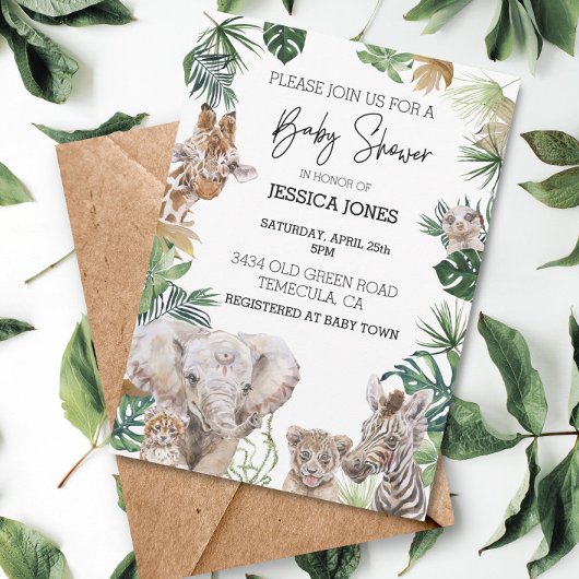 Invitation Jungle Safari Bébé Africain Animaux Feuilles tropi
