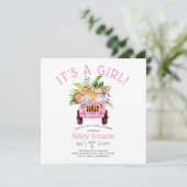 Invitation Jungle Safari C'est une fille Baby shower rose (Debout devant)