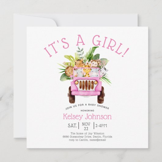 Invitation Jungle Safari C'est une fille Baby shower rose (Devant)