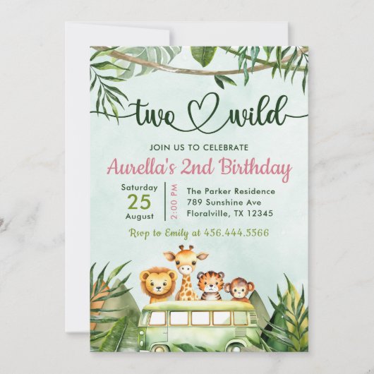 Invitation Jungle Safari Girl Two Wild 2e anniversaire (Devant)