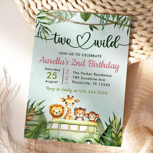 Invitation Jungle Safari Girl Two Wild 2e anniversaire