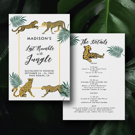 Invitation Jungle Safari Leaf Cheetah Bachelorette Itinéraire
