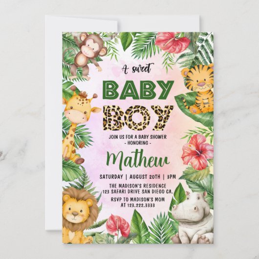 Invitation Jungle Safari Un doux Baby shower bébé garçon (Devant)