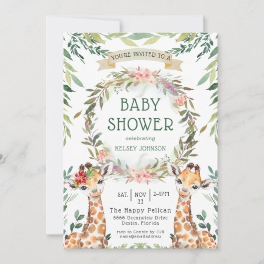 Invitation Jungle Safari verdure Giraffe Baby shower (Devant)