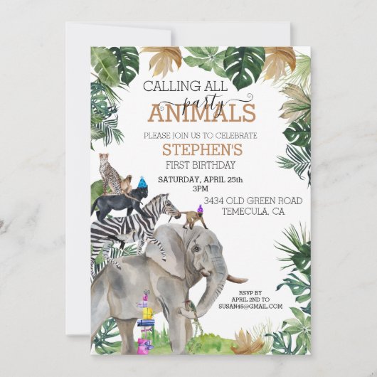 Invitation Jungle Safari Wild One Birthday Party Animaux (Devant)