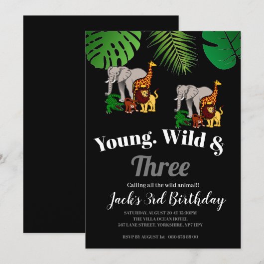 Invitation Jungle Safari Young Wild & Trois 3ème anniversaire (Devant / Derrière)