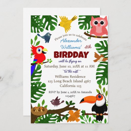 Invitation Jungle Tropical Vert Été Enfants Bird Anniversaire (Devant / Derrière)
