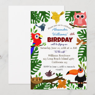 Invitation Jungle Tropical Vert Été Enfants Bird Anniversaire