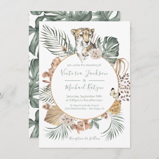 Invitation Jungle tropicale Cheetah Palm Mariage de couronne (Devant / Derrière)