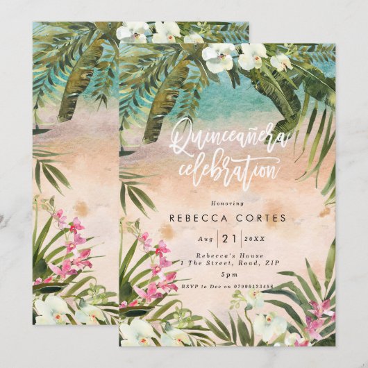 Invitation jungle tropicale Quinceanera 15e anniversaire (Devant / Derrière)