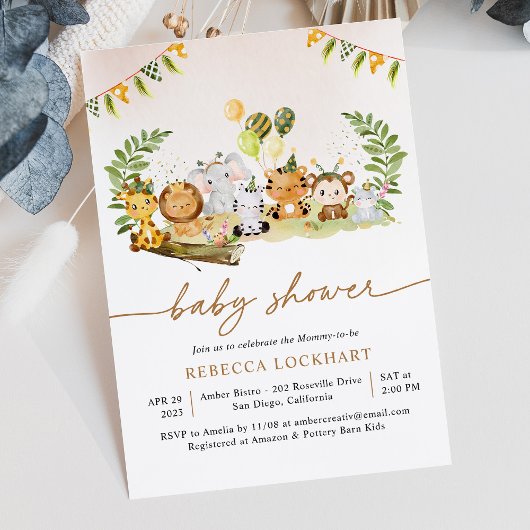 Invitation Jungle Tropicale Safari Animaux Fille Baby shower 