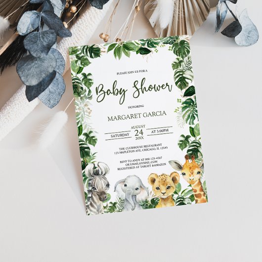Invitation Jungle verdoyante Safari Baby shower Animaux