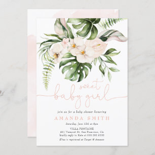 Invitation Jungle Vert rose Floral Sweet Girl Baby shower