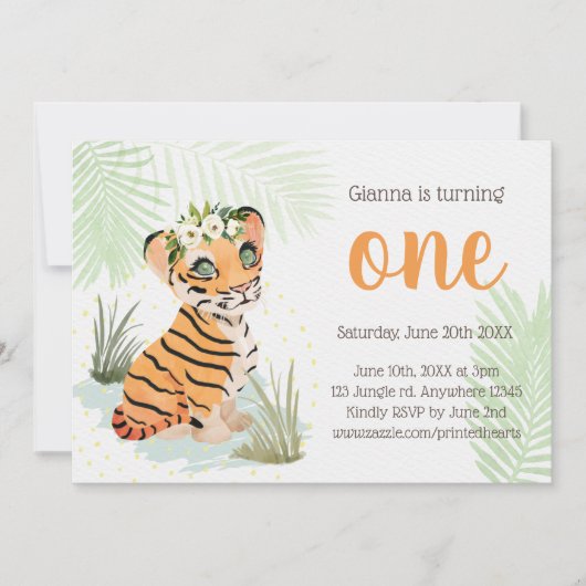 Invitation Jungle Wild & Free Floral 1er Birthday Tiger (Devant)