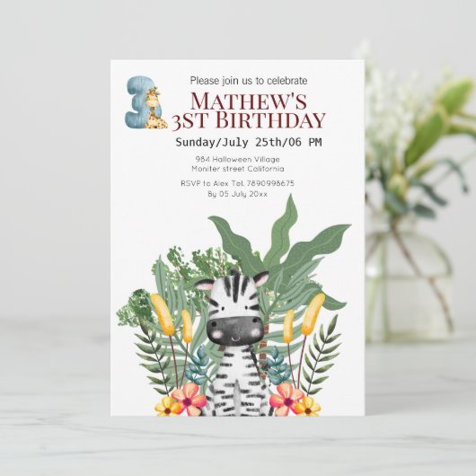 Invitation Jungle Zebra et Giraffe 3e anniversaire (Debout devant)