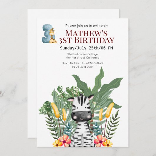 Invitation Jungle Zebra et Giraffe 3e anniversaire (Devant / Derrière)