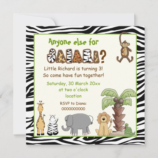 Invitation Jungle zebra safari anniversaire de enfant (Devant)