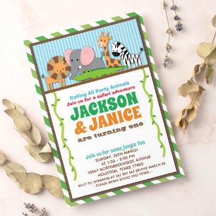 Invitation Jungle Zoo animal Safari jumeaux Anniversaire