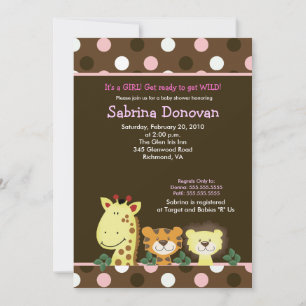Invitation JUNGLE ZOO PARTY 5x7 Baby shower Brown/rose
