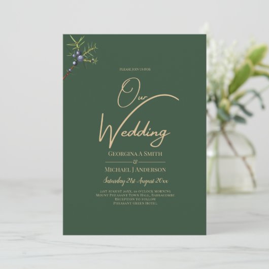 Invitation JUNIPER Green Gold Mariage moderne (Debout devant)