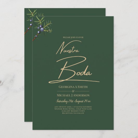 Invitation JUNIPER Green Gold Mariage moderne (Devant / Derrière)