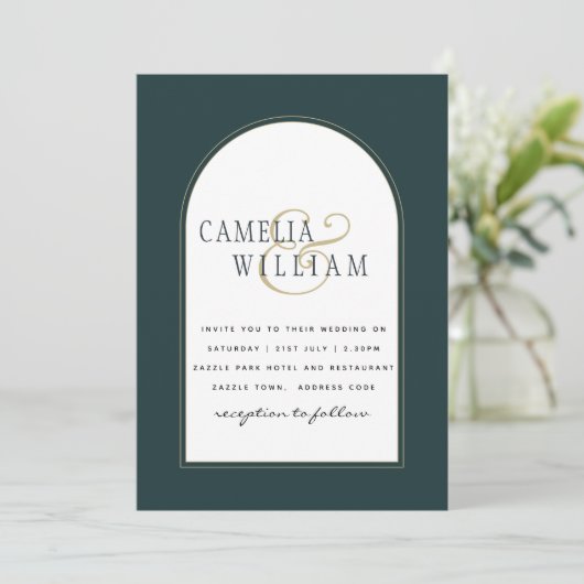 Invitation Juniper Green Gold Mariage moderne INVITE QR Code (Debout devant)