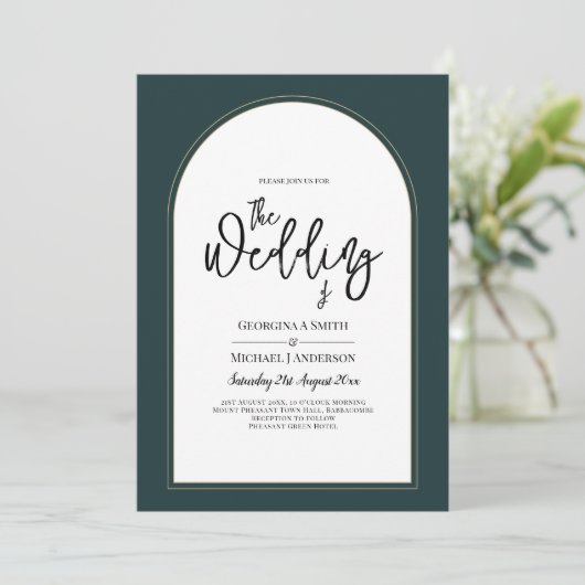 Invitation JUNIPER Green Gold Wedding INVITE QR Code moderne (Debout devant)