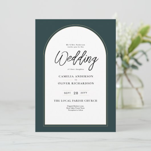 Invitation JUNIPER Green Gold Wedding INVITE QR Code moderne (Debout devant)