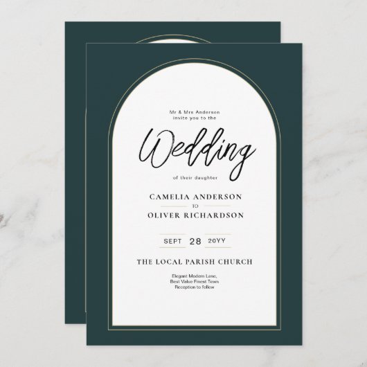 Invitation JUNIPER Green Gold Wedding INVITE QR Code moderne (Devant / Derrière)
