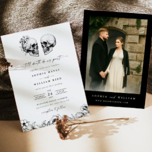 Invitation Jusqu'à la mort Gothique Crâne Photo Fleurs Noires