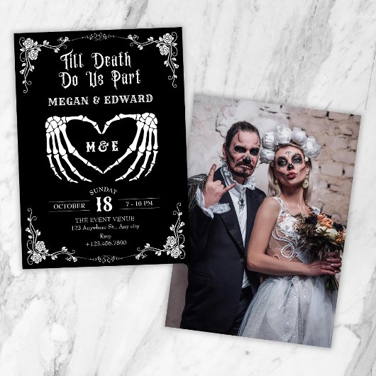 Invitation Jusqu'à la mort nous séparons mariage crâne gothiq