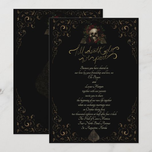 Invitation Jusqu'à la mort Ornement Doré Élégant Mariage Goth (Devant / Derrière)