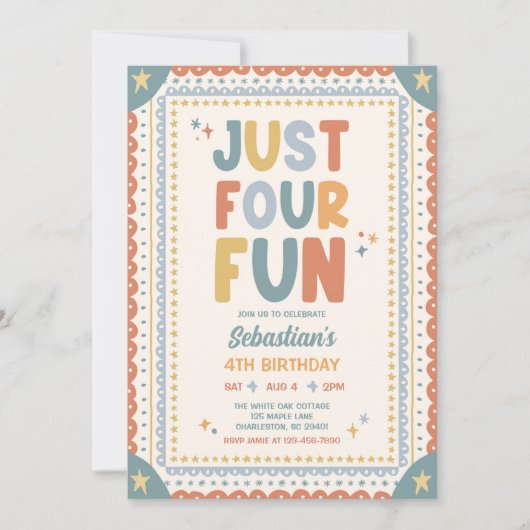 Invitation Just Four Fun Fête d'anniversaire garcon whimsique (Devant)