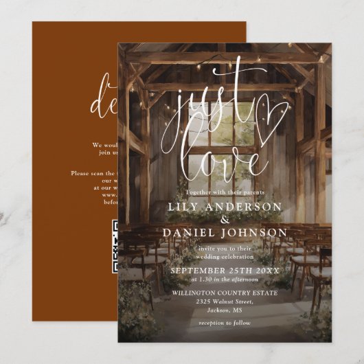 Invitation Just Love Boho Barn Guirlande Lumineuse Code QR Ma (Devant / Derrière)