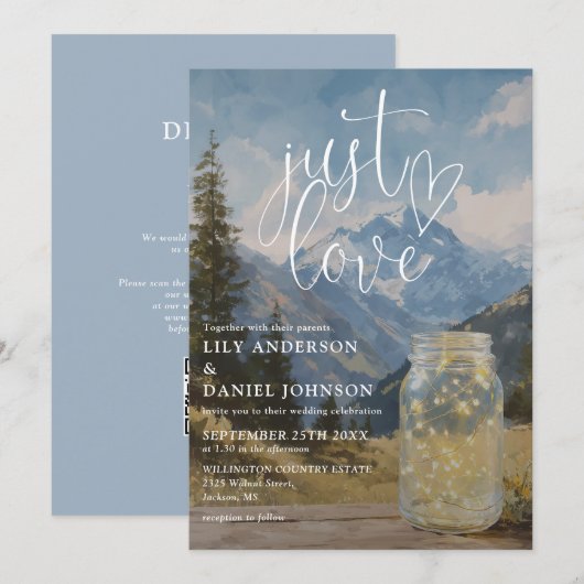 Invitation Just Love Boho Mountain Mason Jar Code QR Mariage (Devant / Derrière)