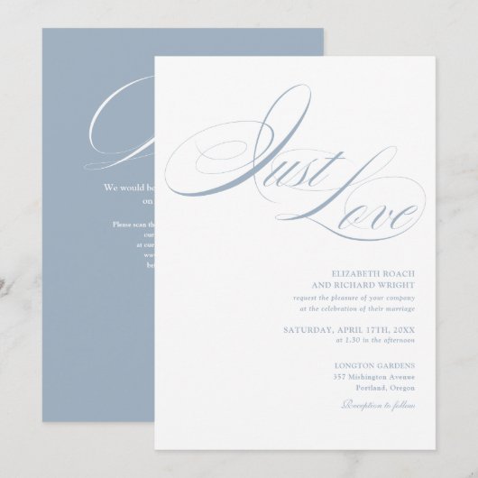 Invitation Just Love Chic Script Code QR Mariage Bleu Poussié (Devant / Derrière)