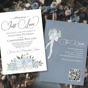 Invitation Just Love Dusty Blue Boho Floral QR Code Mariage