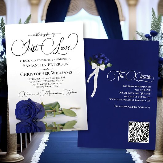 Invitation Just Love Elegant Navy Rose bleu QR Code Mariage