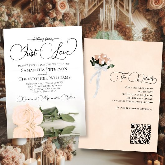 Invitation Just Love Elegant Pale Peach Rose QR Code Mariage