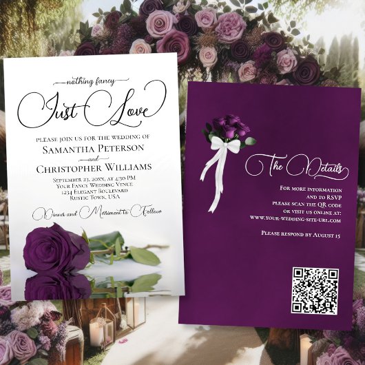 Invitation Just Love Elegant Plum violet Rose QR Code Mariage