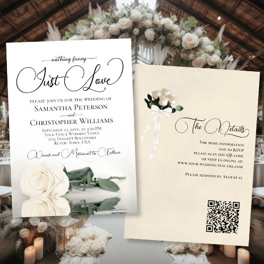 Invitation Just Love Elegant Rose blanche Mariage de code QR