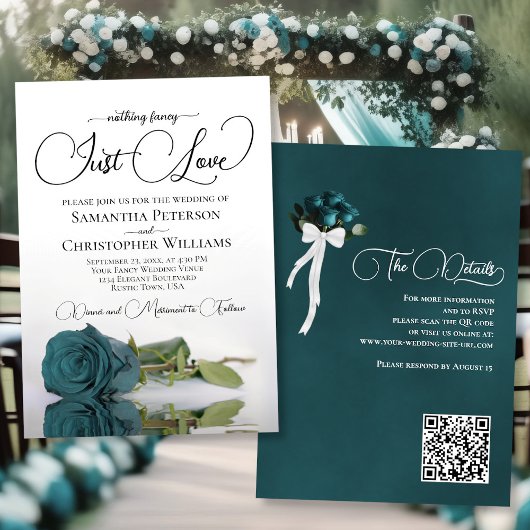 Invitation Just Love Elegant Rose Turquoise QR Code Mariage