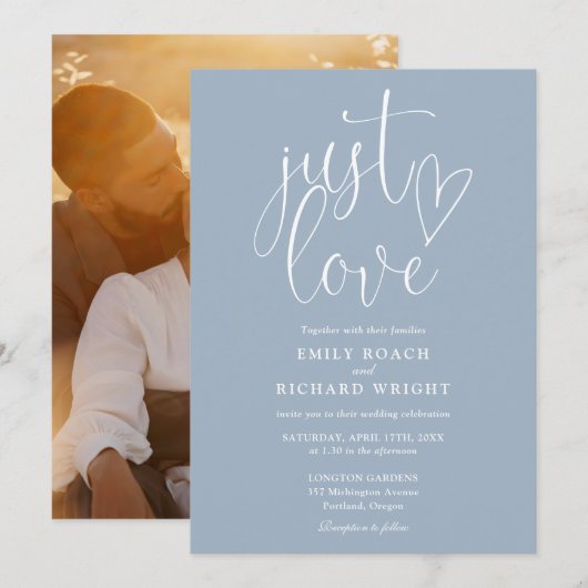 Invitation Just Love Elegant Script Photo Dusty Blue Mariage (Devant / Derrière)