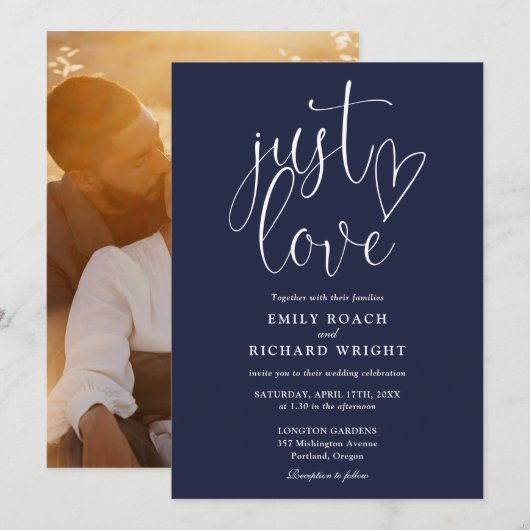 Invitation Just Love Elegant Script Photo Mariage bleu marine (Devant / Derrière)
